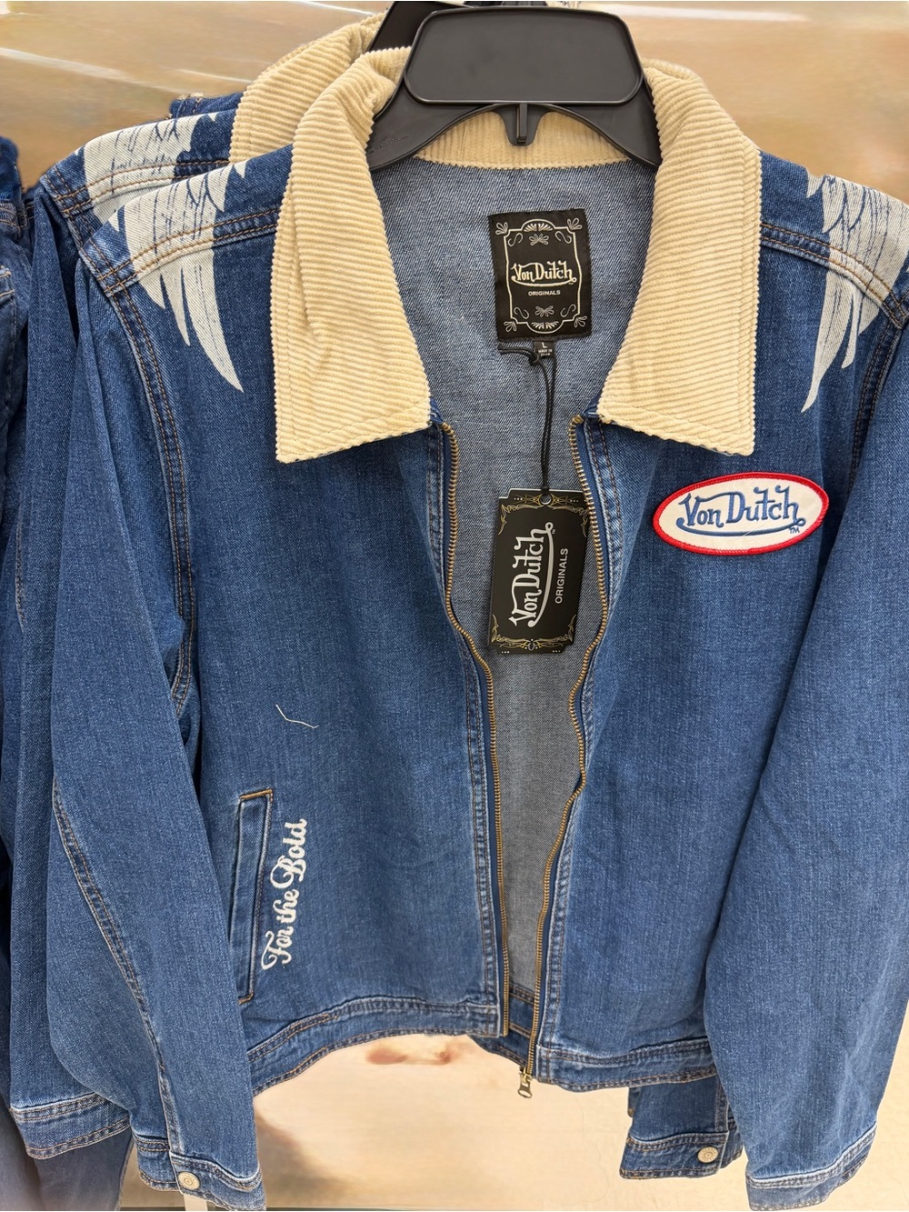 Von Dutch Blue Denim Jacket with Cream Corduroy Collar and Patch